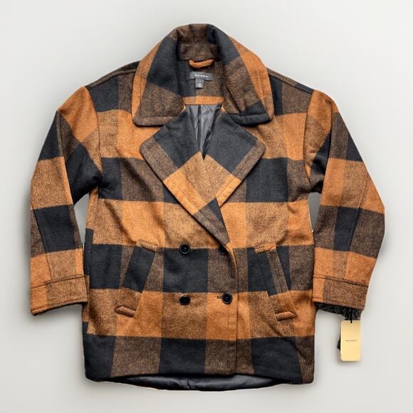 Nordstrom Halogen Pea Coat Womens Small Buffalo Plaid Chore Jacket Heavy Copper - Picture 1 of 12
